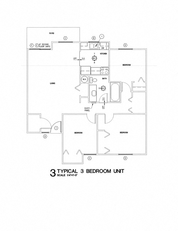 Floor plan for 3 beds, 1 bath, 990 sqft